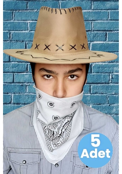 Uniquetrenders Çocuk Unisex Bandanalı 5'li Nubuk Kovboy Şapkası 8-14 Yaş Koyu Bej 1