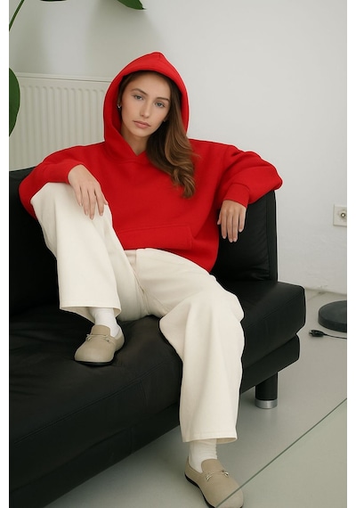 Benroma Düz Ünisex Oversize Kapüşonlu Sweatshırt Kırmızı