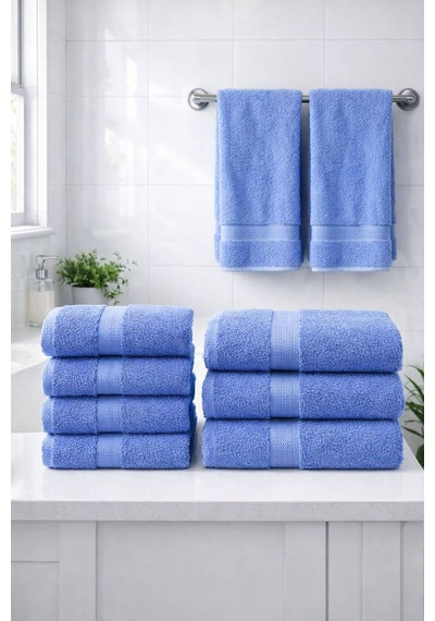8 Parça %100 Pamuklu Aile Havlu Seti - 4 Adet 70x140 Cm & 4 Adet 50x90 Cm Deeper Mavi-mavi