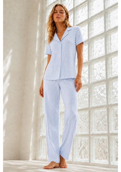 Kadın Genç Loose İpliği Boyalı Mavi Pijama Takımı