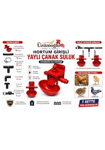 Üzümoğlu 10 Lu Hortum Girişli Yaylı Çanak Suluk Seti Otomatik Kümes Su Sistemi Kurulum Kiti 16 Mm Hortum Bağlantılı Tam Set
