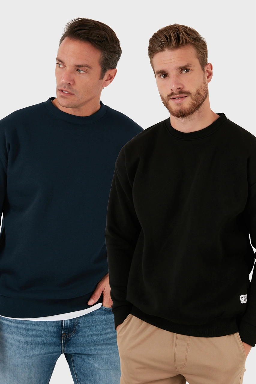 Buratti Regular Fit Bisiklet Yaka Şardonlu 2'Li Paket Erkek Sweat 5905255S2 Koyu Lacivert-Siyah