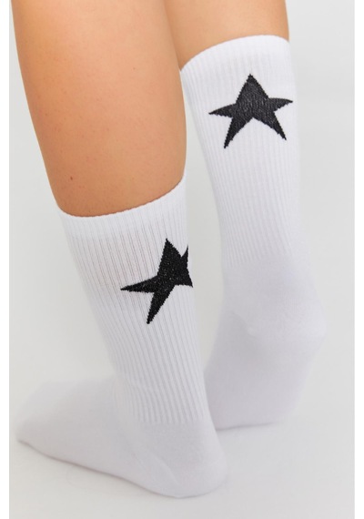 Bamboo Star Bambu Kadın Beyaz Tenis Kolej Yıldız Desenli Premium Dikişsiz Soket Beyaz Çorap 3 Lü Premium Paket