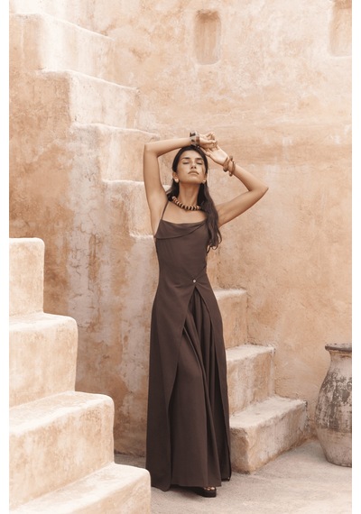 Mai Collection Mai Studios Co. Blantyre Askılı Uzun Kahve Keten Elbise Kahve