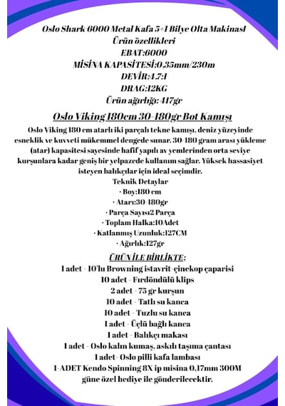Oslo Viking 180cm 30-180gr Shark 6000 Tekne Olta Seti Standart