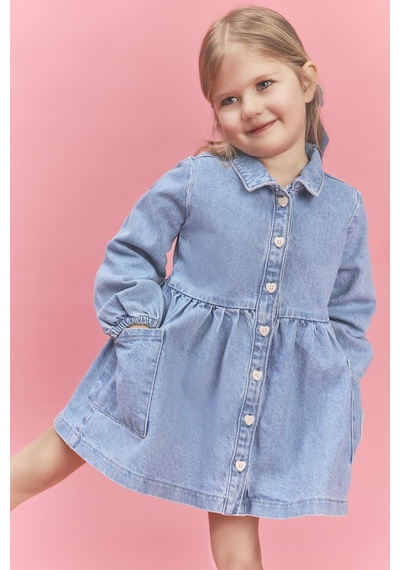 Defacto Uzun Kollu Jean Elbise Kız Bebek H0372a526smnm39 Mavi-nm39