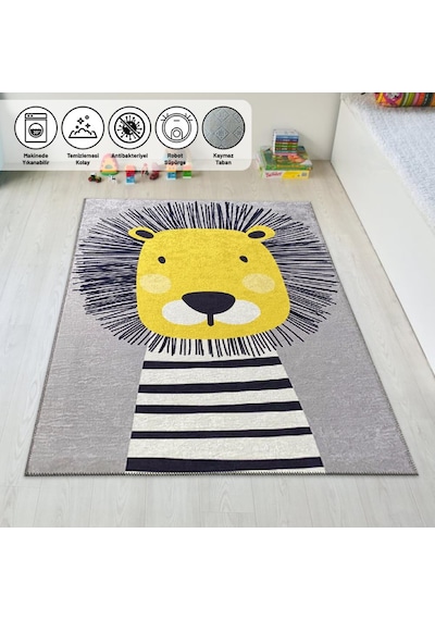 Çocuk Bebek Halısı Sevimli Aslan Desenli Gri Halı Yıkanabilir Kaymaz Taban Gri
