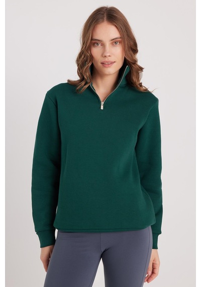 Tudors Kadın Relax Fit Rahat Kesim Pamuklu İçi Polarlı Yarım Fermuarlı Haki Dik Yaka Sweatshirt-37892 Haki