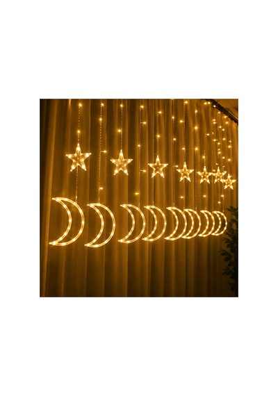 3 Metre Yildiz Ay Led Perde Isik Sicak Beyaz Dekoratif Sarkit 8 Modlu 220v Aydinlatma Sarı