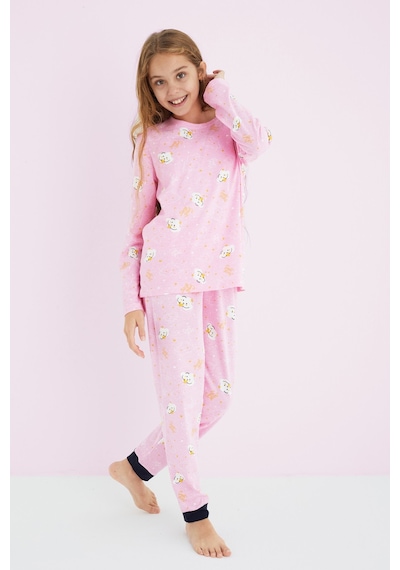 Siyah İnci Kız Çocuk Renkli Desenli Pamuklu Pijama Takım 24225704 Pembe