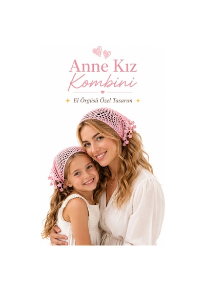Anne Kız Kombin Bandana El Örgüsü Saç Bandı Bohem Stil Ayarlanabilir 2li Set Pembe321