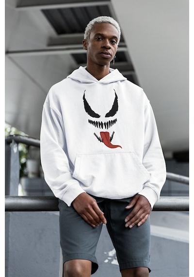 Sevbano Tasarım Venom Karakter Baskılı Unisex Oversize Hoodie Beyaz
