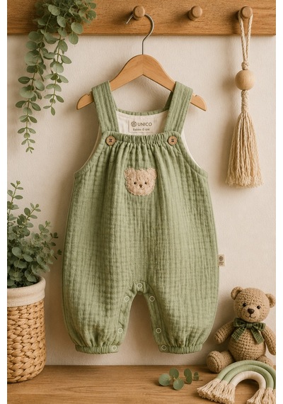 Mnk Baby & Kids Ayıcık Detaylı %100 Pamuk Müslin Erkek Bebek Tulum M00847 Yesil