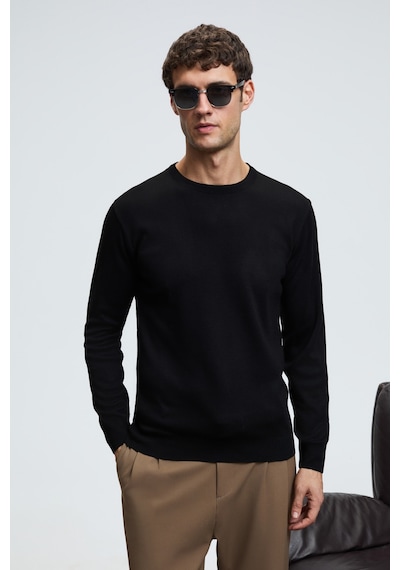 Grımelange Varex Erkek Yuvarlak Yaka Basic Slim Fit Triko Siyah Kazak Siyah