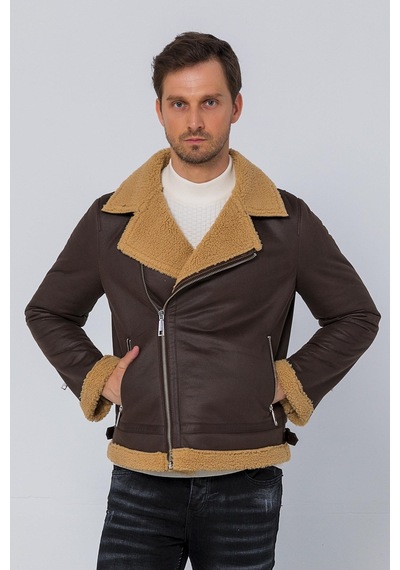 Cekmon Erkek Regular Fit İçi Yünlü Fermuar Detaylı Deri İşçilikli Klasik Suni Deri Mont 001
