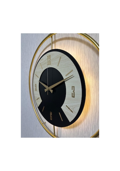 Pey Aksesuar 50x70 Cm Metal Ahşap Ve Işığın Muhteşem Uyumu Duvar Saati Dekoratif Ahşap-m54-gold-siyah-dikkat -akça-gold