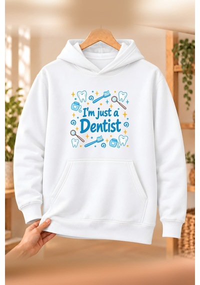 Diş Hekimi Dentist Meslek Yazısı Baskılı Erkek Kapüşonlu Sweatshirt - Beyaz