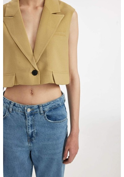 DeFacto Crop Ceket Yaka Basic Düz Blazer Yelek D1199AX24SMKH485 Haki