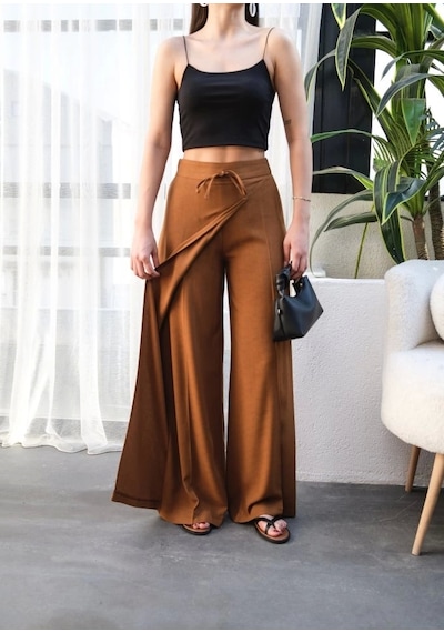 Defymoda Keten Önü Çapraz Parçali Lasti Kli Ve Bağcikli Geni Ş Paça Pantolon Taba