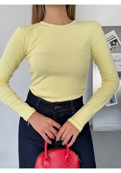 Bisiklet Yaka Basic Uzun Kollu Slim Fit Kadın Body SARI