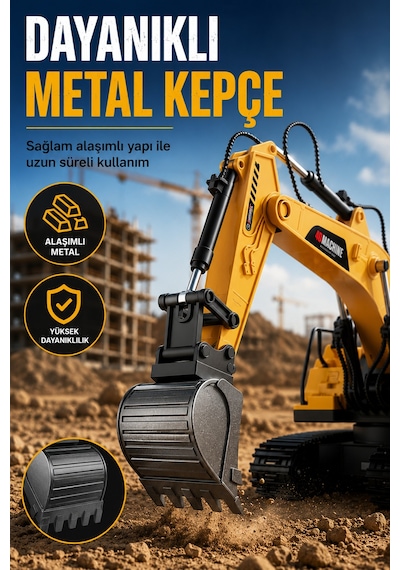 Buharlı Işıklı Sesli Metal Alaşım Excavator Uzaktan Kumandalı Rc İş Makinesi Sarı
