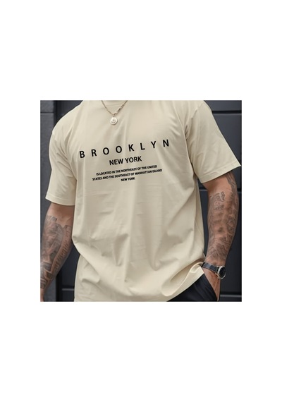 Caddemia Yaz  Rahat Gevşek Artı Boyutu Brooklyn Baskı Rahat Spor Yuvarlak Boyun Bej 2XL