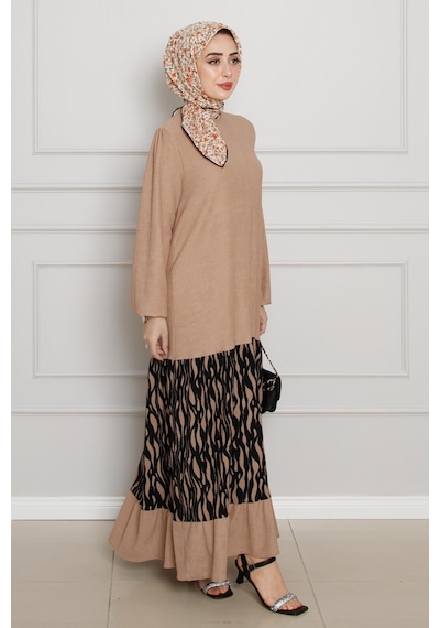 Sevitli Eteği Desenli Karin Elbise-vizon-4268-vizon Vizon