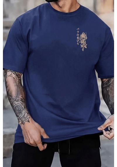 Genius Store Erkek Tişört Pamuklu Kumaş Sırt Baskılı Tişört Sokak Modası Rahat Kalıp T-shirt Japon-indigo
