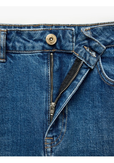 Koton Kemerli Cepli Normal Bel Pamuklu Kısa Geniş Paça Denim Pantolon - Crop Wide Leg Jeans Koyu İndigo 7wal40249md