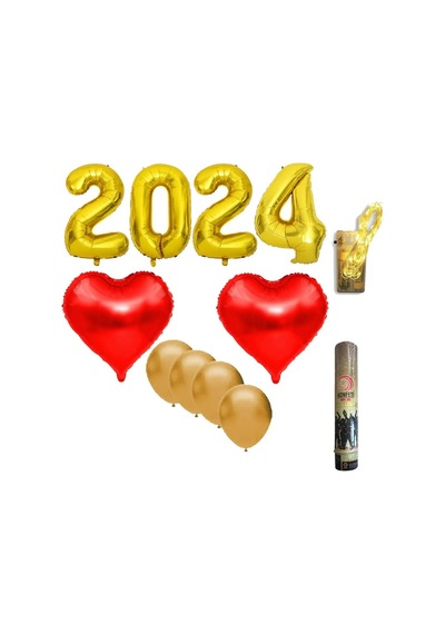 2024 Yılbaşı Süsleme Seti Gold Kırmızı ,kalp Balon , Konfeti ,pi