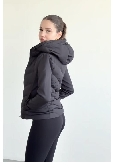 Prifaldi Siyah Kapüşonlu Softsell Kollu Şişme Mont Kışlık Slim Fit Rüzgar Geçirmez Fermuarlı Siyah