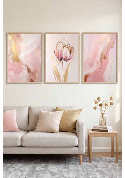 Doğal Ahşap Çerçeveli Pembe Çiçekli Soyut Duvar Tablosu Modern Sanat Dekorasyonu Kabartma Görünümlüdür Bej