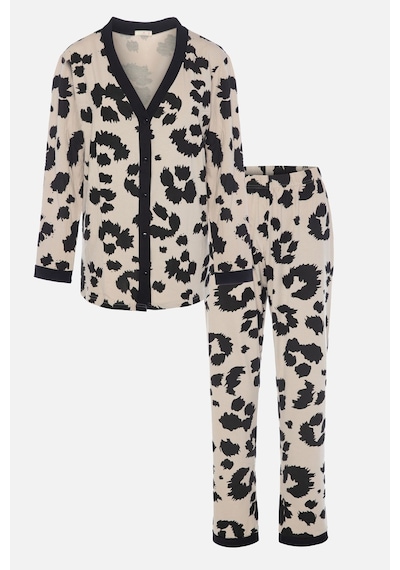 Kadın Leopar Desenli Bant Detaylı Düğmeli Pijama Takımı 70619 Çok Renkli