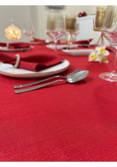 Polyester Keten Simli Masa Örtüsü Kırmızı + 12 Peçete