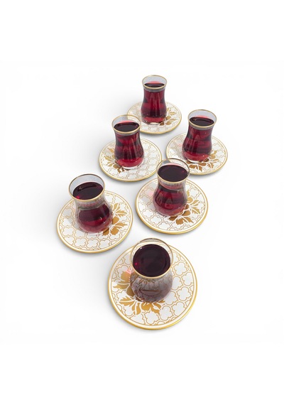 Sudedi Home Altın Yaldızlı Desenli Çay Bardağı Takımı 6 Kişilik Cam Çay Seti Çok Renkli