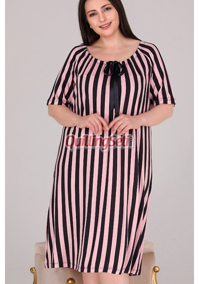 Lady Kadın Siyah Renk, Pembe Çizgili Kısa Kol 8816 Büyük Beden Anne Gecelik Elbise Pembe - Siyah