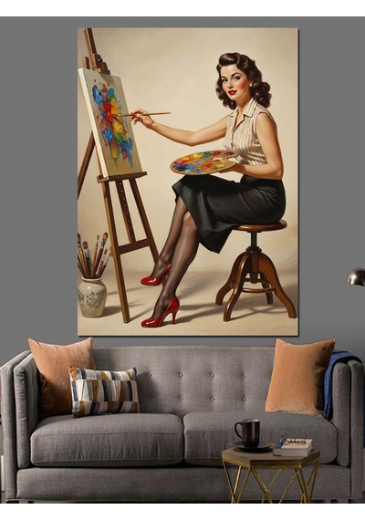 Ahşap Tablo Ressam Kadın Fırça Boya