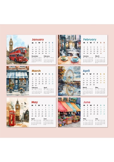 2027 Londra Masa Takvimi - Önceki Ve Sonraki Ay Görünümlü Renkli İllüstrasyon Takvim Big Ben, Lond