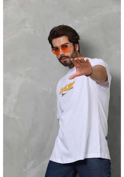 Erkek Kısa Kol Yazlık Tişört Bisiklet Yaka Baskılı Oversize T-shirt - Beyaz Siyah