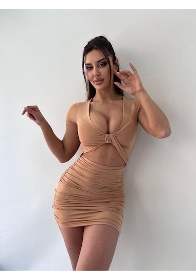 Pink Life Bej V Yaka Hollow Out Wrap Hip Kısa Kollu Mini Elbise-bej Bej