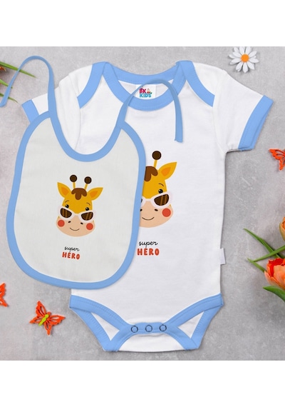 Bk Kids Super Hero Tasarımlı Mavi Bebek Body Zıbın Ve Mama Önlüğü Çok Renkli