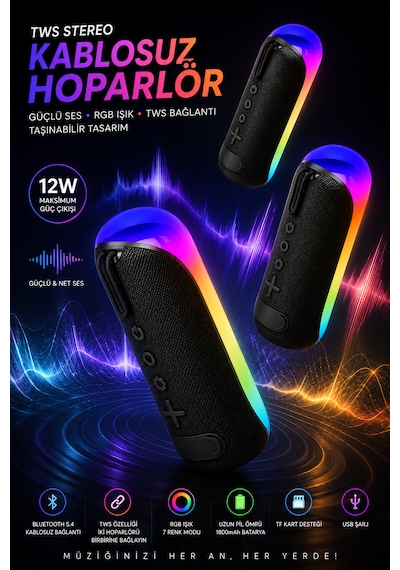 Blc Tws Stereo Kablosuz Bluetooth Hoparlör Rgb Işıklı 12w Güçlü Ses 1800mah Taşınabilir Tf Kart Destekli Usb Şarjlı