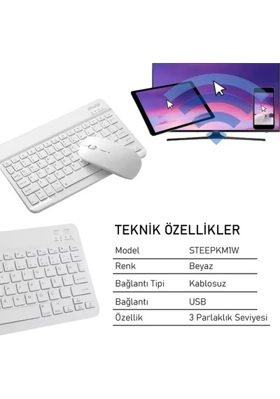 Steep Solid Magic Beyaz Şarjlı Bluetooth Klavye Mouse Set Optik