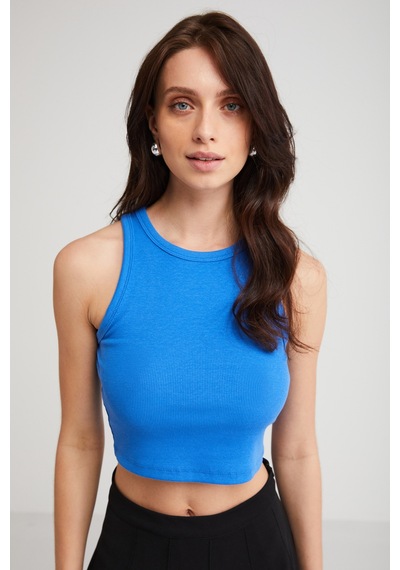 Ethıquet Joyce Kadın Slim Fit Dar Kalıp Sıfır Kol Bisiklet Yaka Örme Crop Mavi Atlet