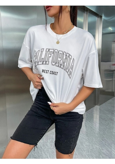 California W.c T-shirt - Beyaz Baskılı Oversize Bisiklet Yaka Kısa Kol Tişört Beyaz