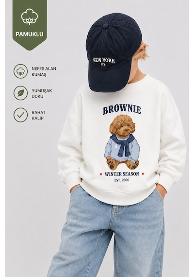 Monila Erkek Çocuk 3 İplik Kumaş Ayıcık Baskılı Pamuklu Sweatshirt Ekru