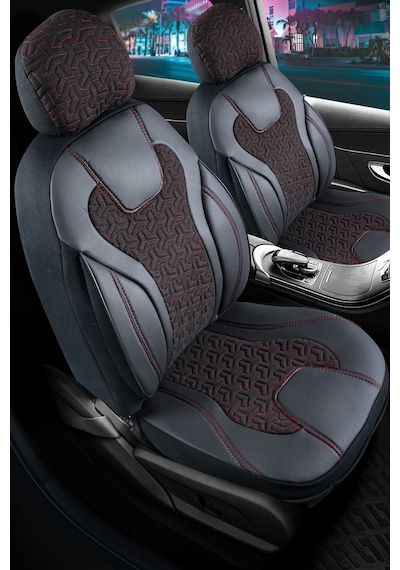 Mitsubishi Lancer Evolution Deri Detaylı Oto Koltuk Kılıfı Ön Arka Set Siyah Kırmızı Siena Seri Şhn