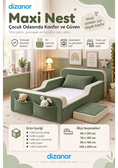 Dizanor Yeni Nesil Maxi Nest %100 Sünger Ve Yıkanabilir Fermuarlı Kumaşa Sahip Bebek, Çocuk Ve Genç Montessori Karyola Baza Ve Başlık Yatağı Seti - Yeşil - Bej - 90 X 190 Dizanor Yeni Nesil Maxi Nest %100 Sünger Ve Yıkanabilir Fermuarlı Kumaşa Sahip Bebek, Çocuk Ve Genç Montessori Karyola Baza Ve Başlık Yatağı Seti - Yeşil - Bej - 90 X 190