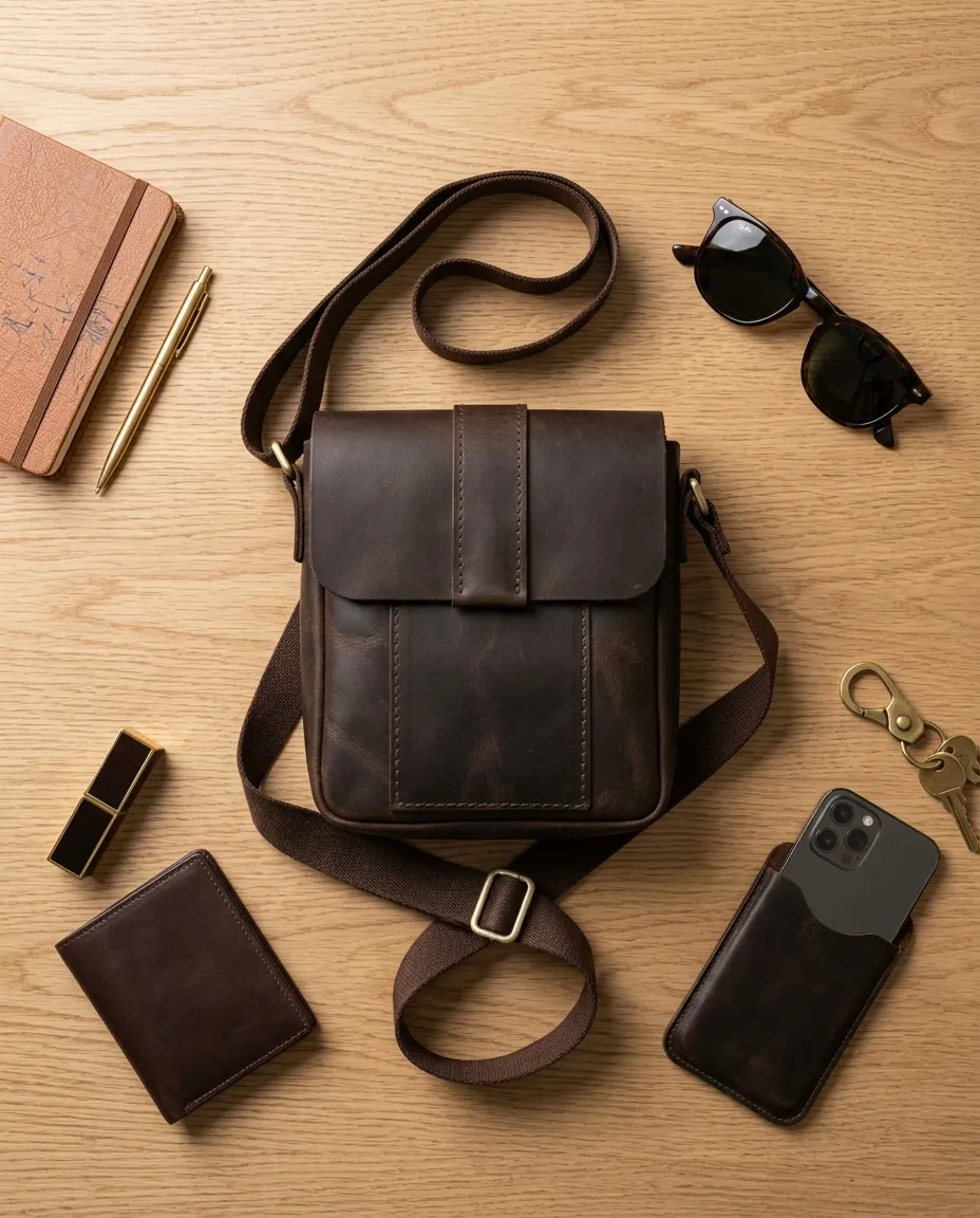 Natderi Unisex Hakiki Deri Siyah & Acı Kahve Seçenekli Postacı Çantası Ayarlanabilir Askılı Çapraz Çanta 24x21 Cm Acı Kahverengi