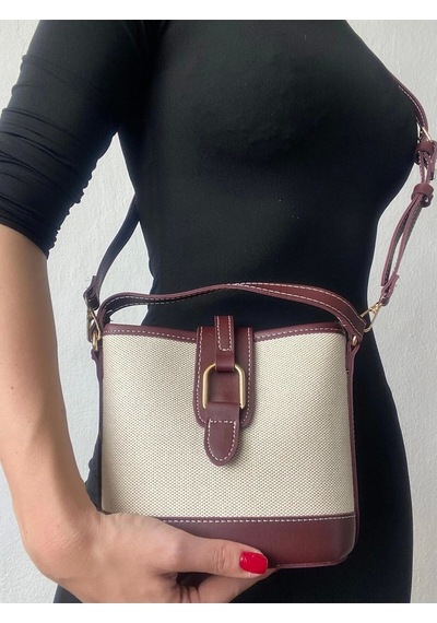 Glemix Alin Keten Bordo Kontrast Kova Model Kadın Omuz Çantası Keten Bordo